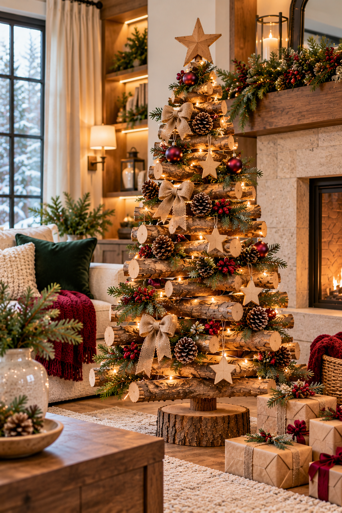 A rustic log Christmas tree decorated with natural pinecones, burlap bows, handmade wooden ornaments, and warm fairy lights in an elegant farmhouse Christmas interior.