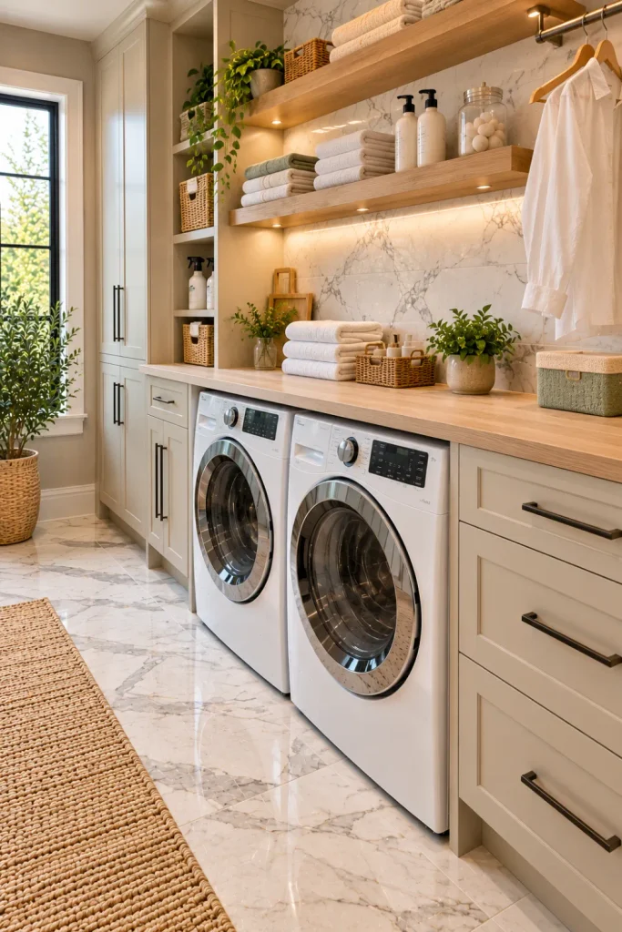 Affordable modern laundry room with marble-look porcelain tiles, practical white built-in cabinets, floating shelves, a simple folding counter, and an organized front-loading washer and dryer.