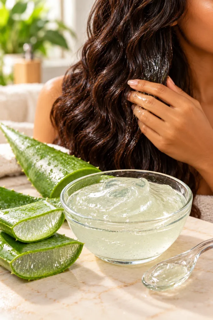 Fresh aloe vera gel hair treatment for dry, frizzy hair featuring a clear bowl of aloe gel, fresh aloe leaves, and smooth natural waves.