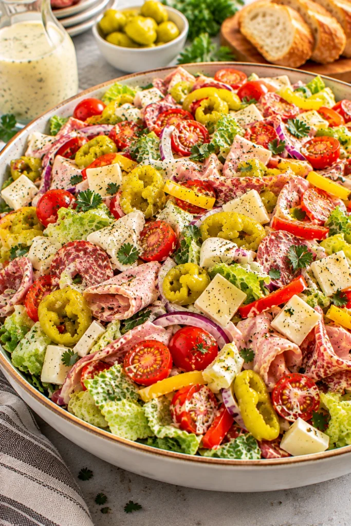 Antipasto Italian Grinder Chopped Salad for Easy Entertaining with salami, ham, provolone, mozzarella, tomatoes, peppers, red onion, greens, pepperoncini, and creamy Italian dressing.