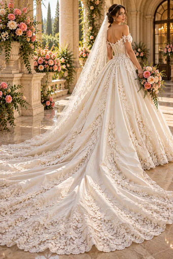 Antique-inspired ivory corset wedding gown with intricate floral embroidery, a structured bodice, vintage covered buttons, and a dramatic cathedral-length train.