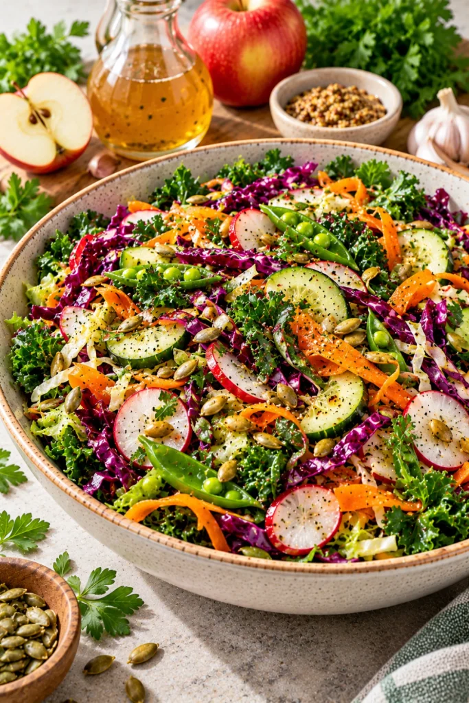 Crunchy kale and cabbage salad with purple cabbage, carrot ribbons, cucumber, radishes, snap peas, parsley, pumpkin seeds, and apple cider vinegar vinaigrette.