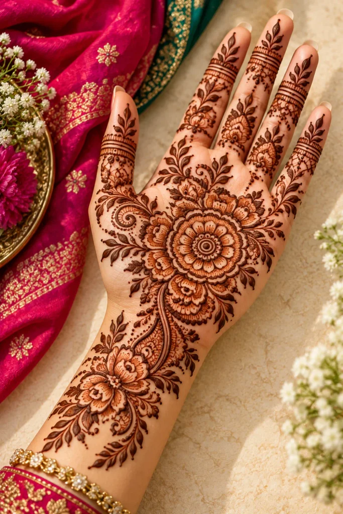 Arabic full-hand mandala mehndi design featuring flowing floral vines, bold roses, delicate paisleys, and airy finger patterns in rich reddish-brown henna.