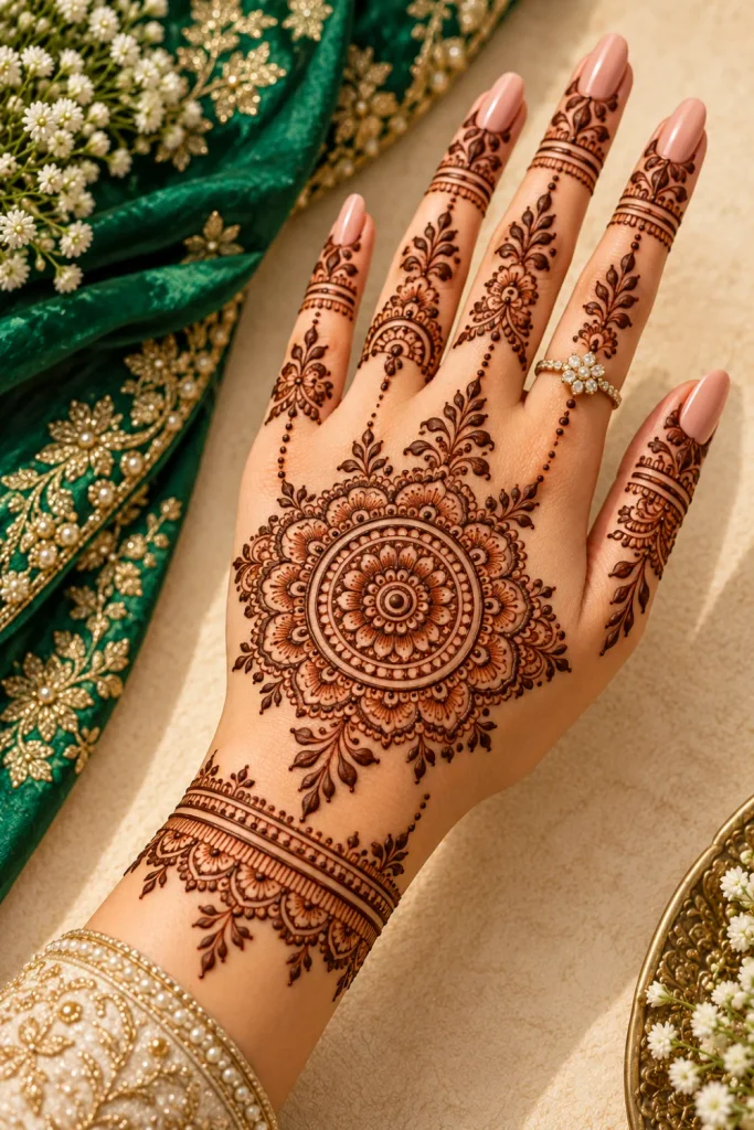 Back-hand mandala mehndi design with a central circular floral motif, delicate finger trails, lace-inspired details, and an intricate henna bracelet pattern.