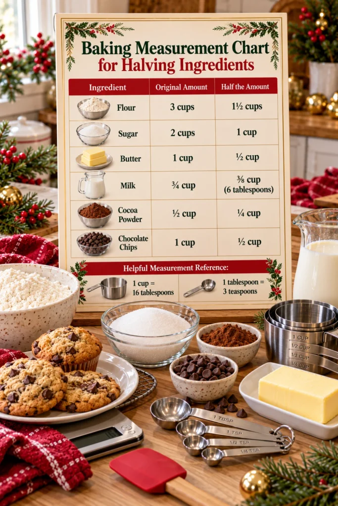 Easy recipe conversion chart for halving ingredients including flour, sugar, butter, milk, and cocoa powder, displayed with stainless-steel measuring tools, small-batch cookies, and festive red, green, and gold Christmas baking decor.