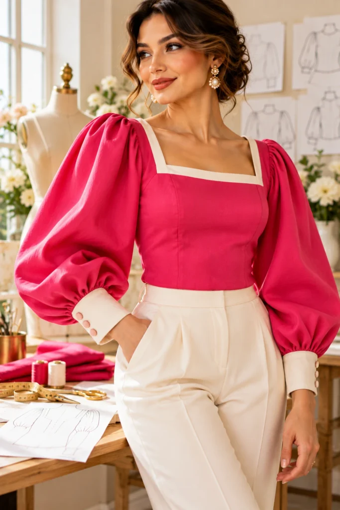 Contemporary fuchsia blouse with rounded voluminous balloon sleeves and structured cream cuffs, shown in a bright modern sewing studio with realistic textile details.