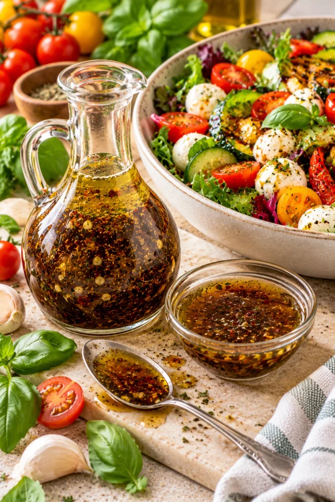 Balsamic Italian dressing in a clear glass cruet beside a modern salad of mixed greens, cherry tomatoes, mozzarella, basil, cucumbers, and roasted vegetables.