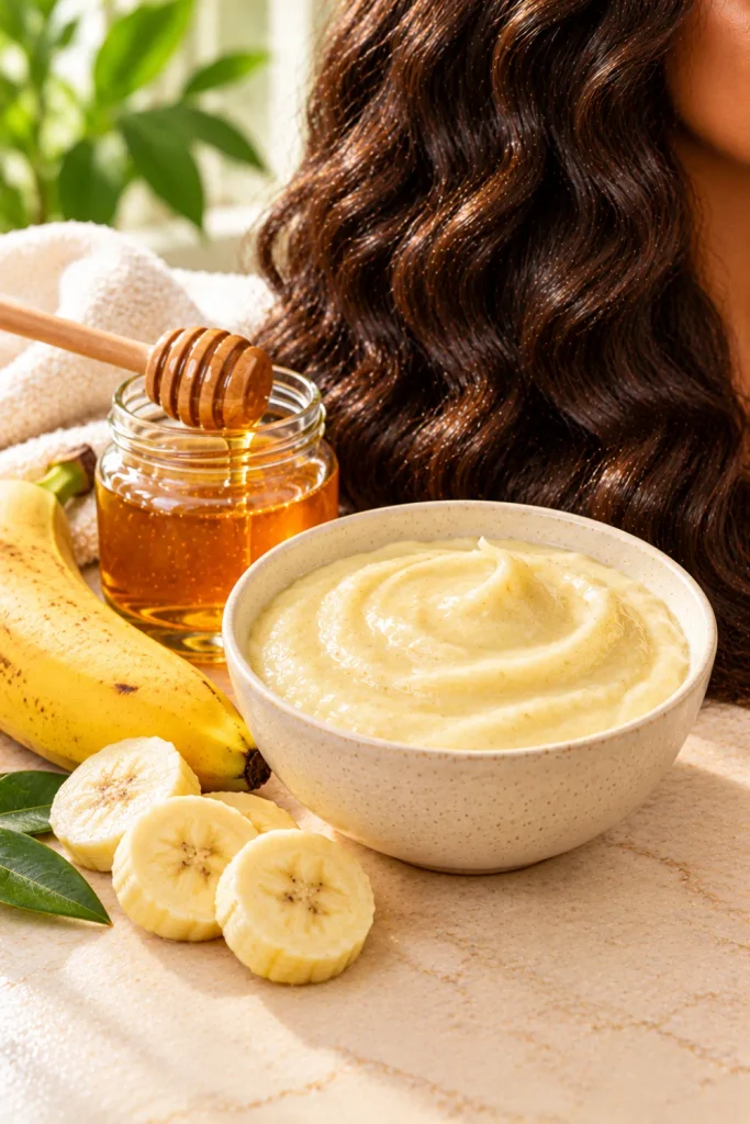 DIY banana and honey hair mask for rough, frizzy hair featuring a smooth banana conditioning mixture, golden honey, ripe banana slices, and natural dark curls.