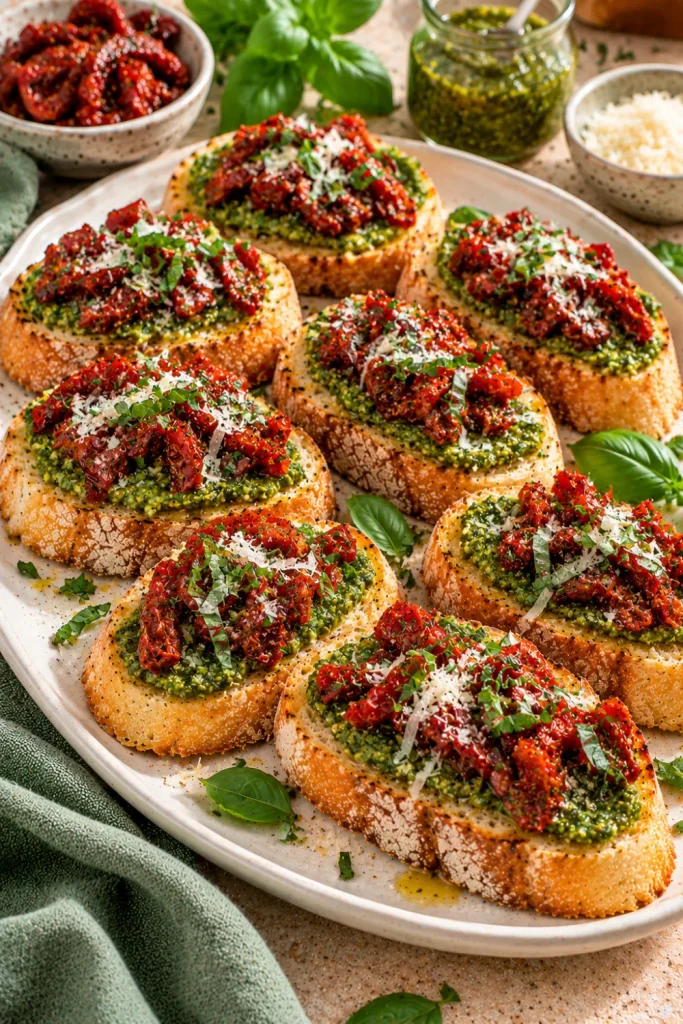 Basil pesto and sun-dried tomato bruschetta with vibrant green basil pesto, chopped sun-dried tomatoes, grated Parmesan, and crisp ciabatta for quick Italian appetizers.