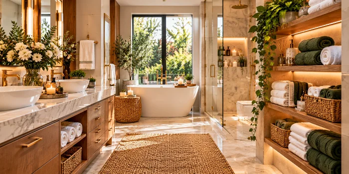Bathroom towel storage ideas for a luxury look featuring neatly folded white and olive-green towels on illuminated wooden shelves, woven baskets, elegant marble surfaces, warm brass fixtures, and lush greenery in a spa-inspired bathroom.