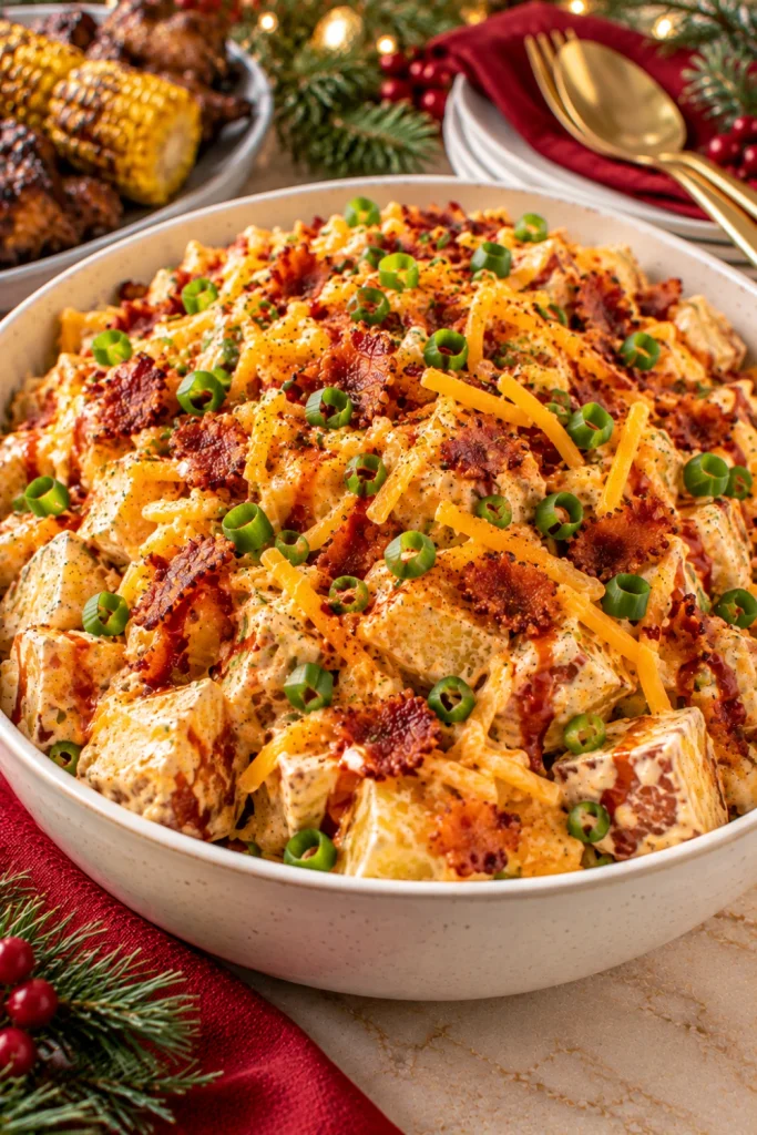 BBQ loaded baked potato salad with smoky barbecue dressing, tender potatoes, crispy bacon, cheddar cheese, green onions, and smoked paprika for summer cookouts and festive gatherings.