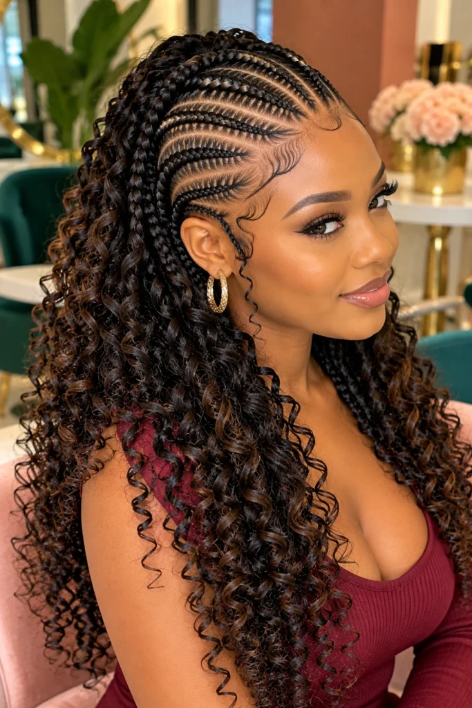 Detailed cornrow braids with precise scalp patterns and voluminous curly ends on a stylish Black woman, shown in a close-up editorial view emphasizing braid texture, clean sections, movement, and modern elegance.