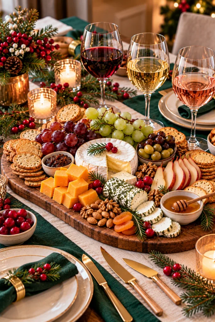 Beautiful wine and cheese table decor featuring a wooden cheese board, red and white wine glasses, ivory linen, forest-green napkins, candles, rosemary, cranberries, and elegant Christmas party accents.