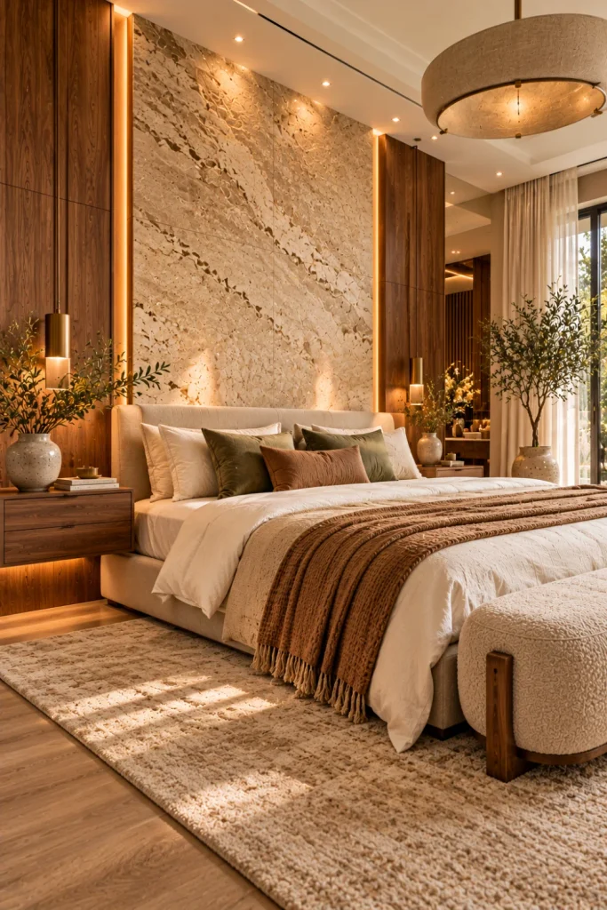 Modern luxury bedroom featuring a natural walnut and beige stone accent wall behind an upholstered bed, earthy neutral bedding, warm bedside lighting, elegant curtains, and organic contemporary decor.