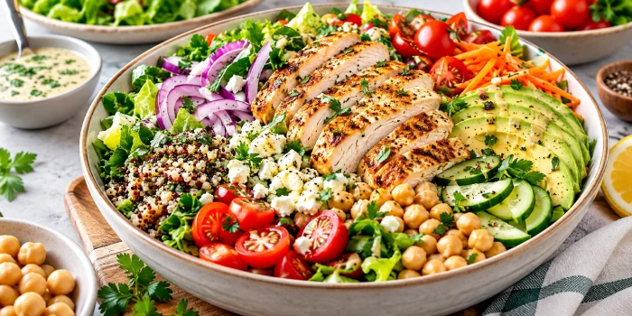 Colorful high-protein low-calorie salad with grilled chicken, avocado, chickpeas, quinoa, tomatoes, cucumber, carrots, leafy greens, and feta in a modern serving bowl.
