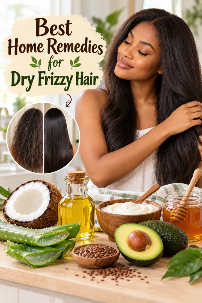 Woman with healthy, shiny hair applying a natural hair mask, illustrating the best home remedies for dry frizzy hair, including coconut oil, aloe vera, and deep conditioning treatments.