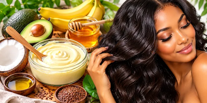 Best home remedy for dry, frizzy hair featuring a nourishing homemade hair mask with avocado, honey, coconut, and natural ingredients beside a woman with glossy, wavy hair.