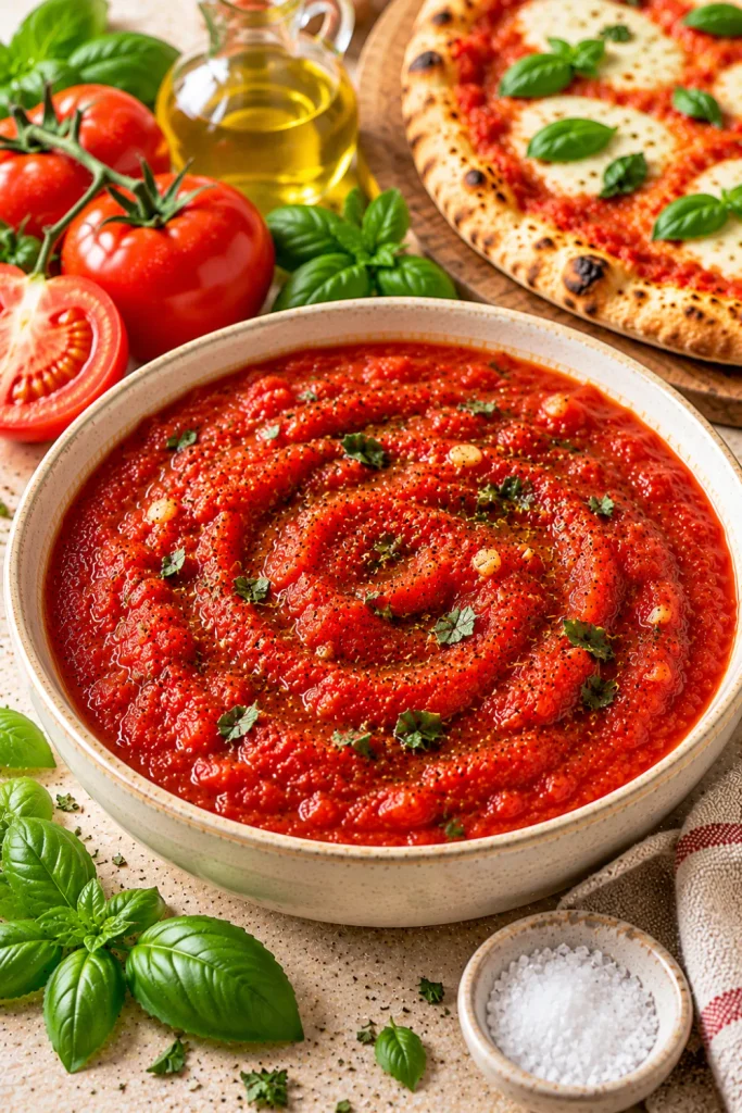 Best Italian pizza sauce recipes for authentic homemade pizza from scratch featuring crushed whole peeled tomatoes, extra-virgin olive oil, fresh basil, and simple Italian herbs.
