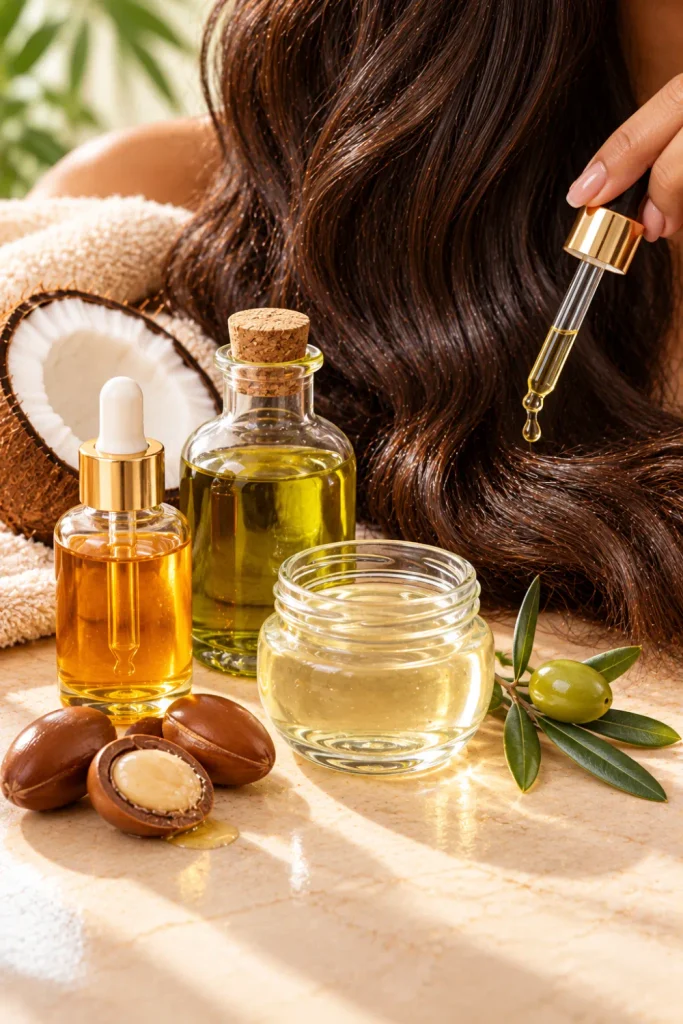 Natural oils for dry, frizzy hair and the appearance of split ends, featuring argan oil, coconut oil, olive oil, and smooth hair ends.