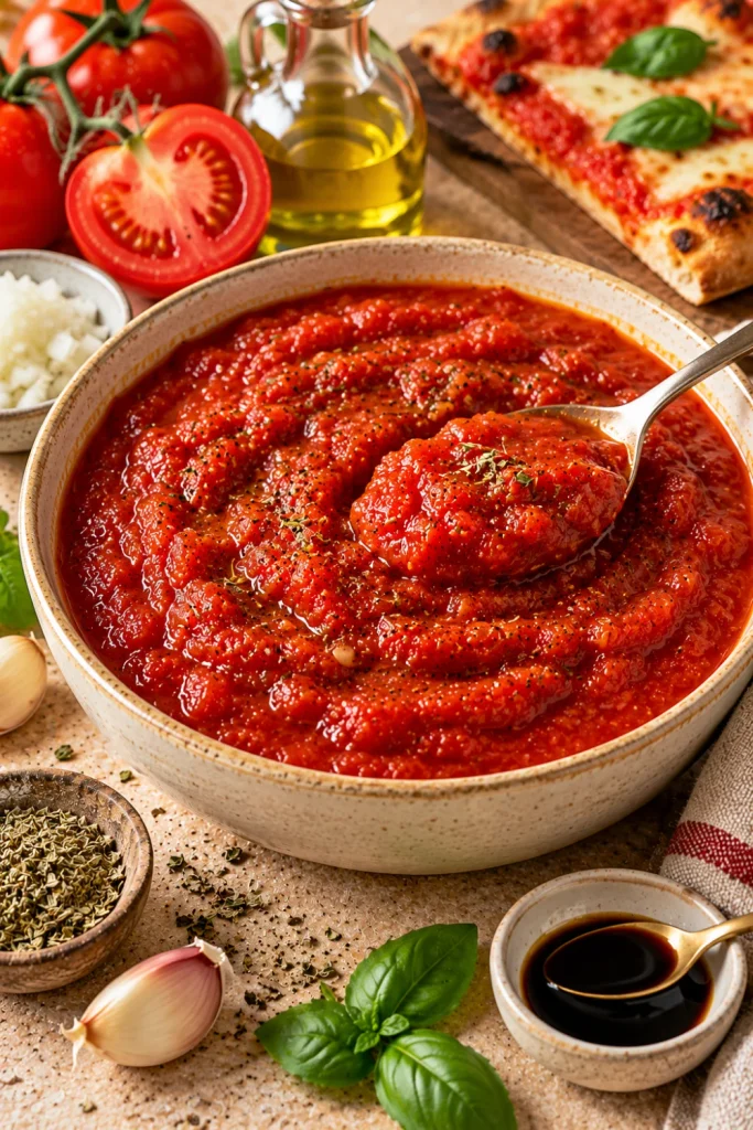 Best pizza sauce from scratch featuring thick slow-simmered tomatoes, sautéed onion, garlic, oregano, olive oil, and balsamic vinegar for rich homemade pizza flavor.