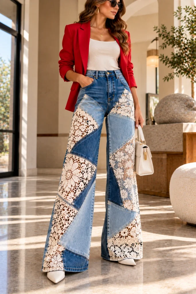  Statement wide-leg jeans combining indigo and light-blue denim, ivory crochet, and floral lace panels styled with a fitted cream top, cobalt blazer, handbag, and heels.