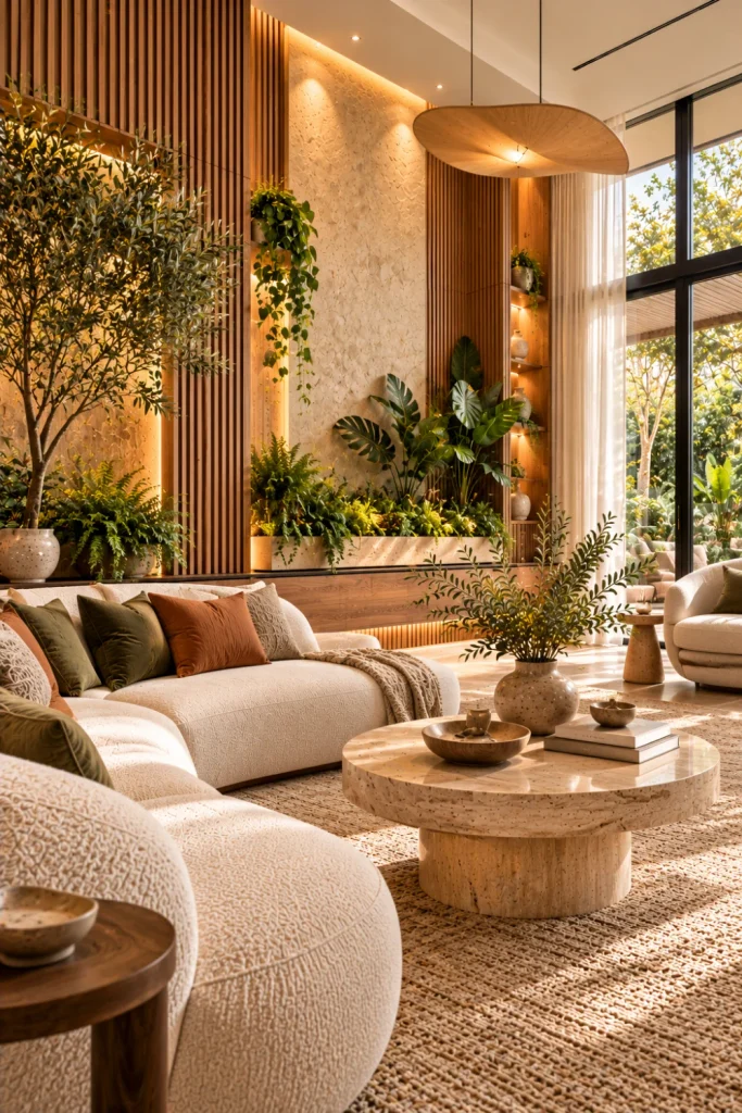 Biophilic modern living room with a natural wood and textured plaster accent wall, lush indoor plants, warm oak furniture, organic stone accessories, soft daylight, and luxurious contemporary styling.