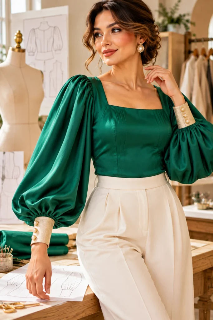Elegant emerald green blouse with flowing bishop sleeves gathered into structured cuffs, shown in a close-up contemporary fashion studio with visible sewing details.