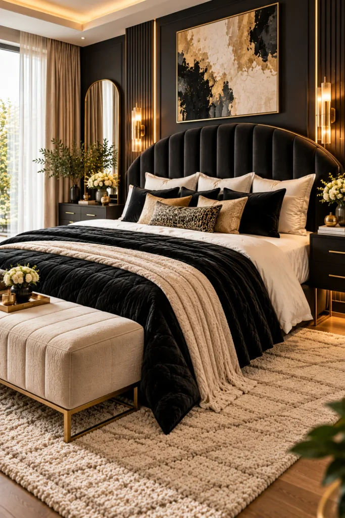 Black and gold bedroom ideas featuring a charcoal upholstered headboard, luxurious cream bedding, elegant gold wall sconces, sleek black bedside cabinets, and glamorous contemporary bedroom decor.