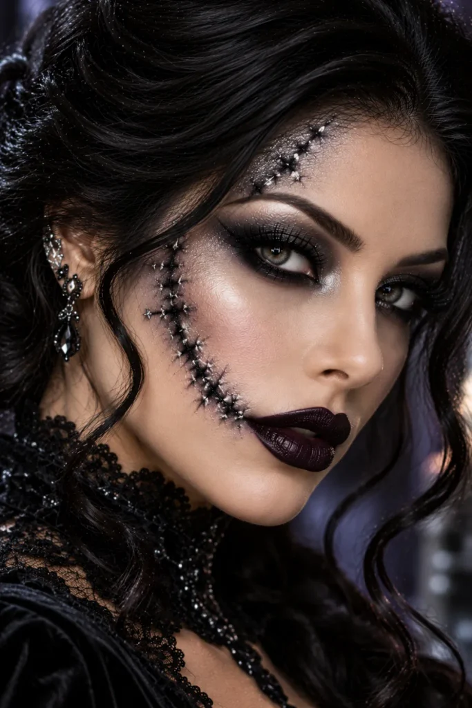 Black-and-silver gothic stitched Halloween makeup with charcoal smoky eyes, metallic silver highlights, precise black cheek stitches, luminous skin, black-plum lipstick, and dramatic modern gothic styling.