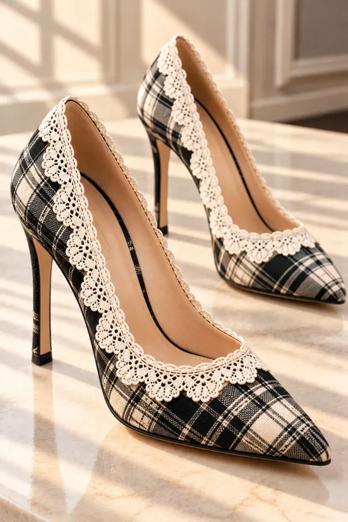 Black and cream plaid high heels with vintage scalloped lace detailing, pointed toes, monochrome woven checks, and elegant retro-inspired styling.