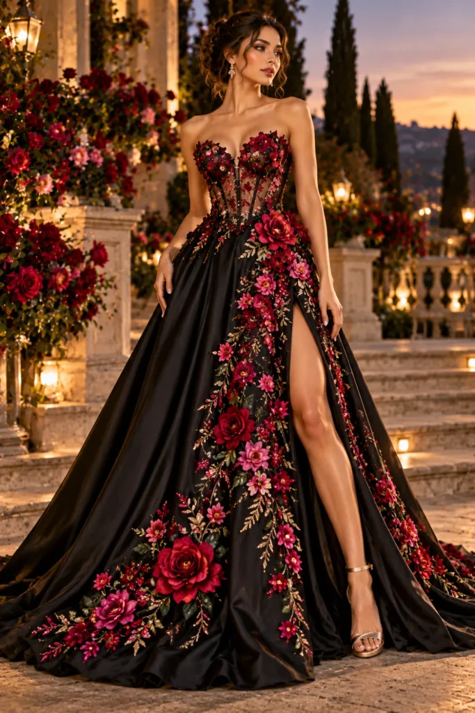 Elegant black floral embroidered formal gown featuring vivid red and fuchsia roses, botanical threadwork, and a dramatic floor-length silhouette.