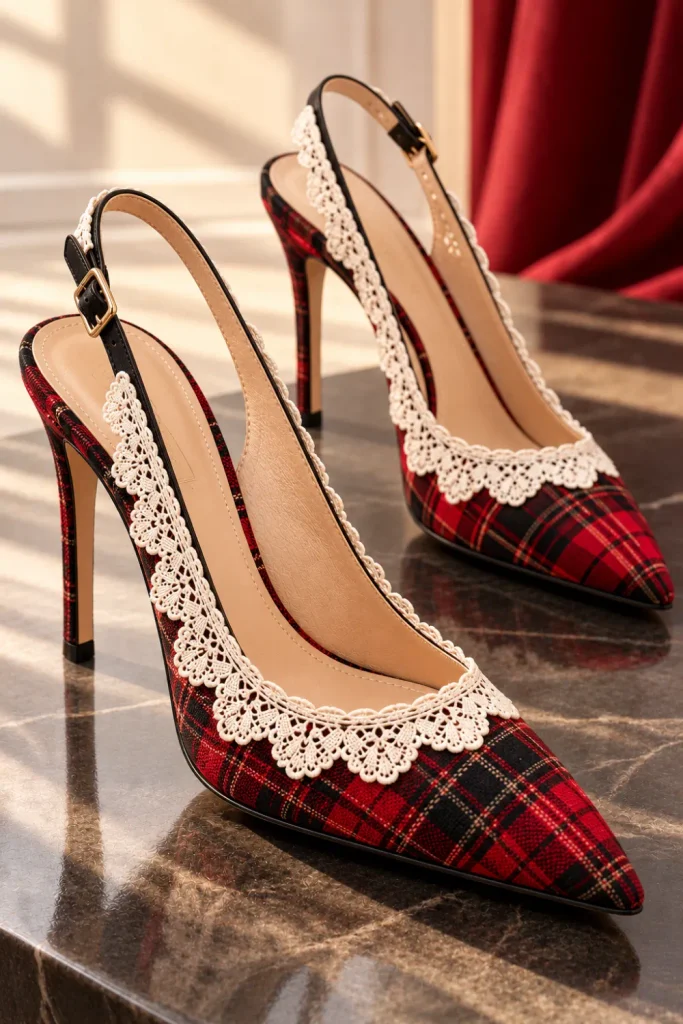 Black and red plaid slingback high heels with visible ivory scalloped lace trim, pointed toes, slender slingback straps, and chic vintage-inspired details.