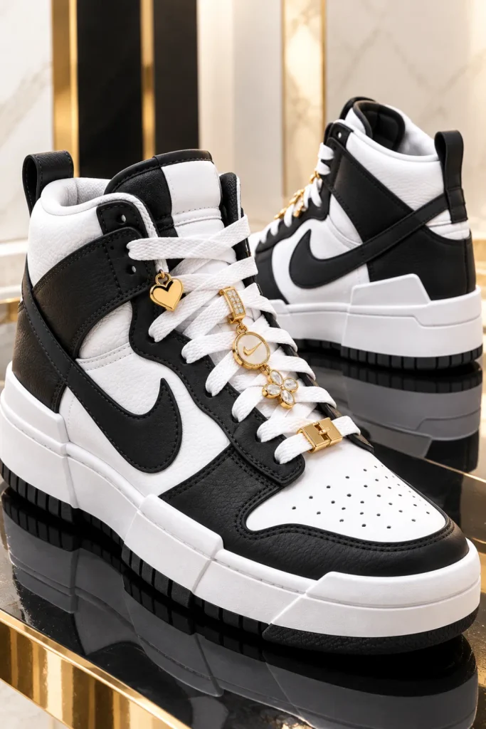 Black-and-white Nike Dunk High Disrupt sneakers decorated with gold lace charms, contrasting leather panels, chunky white soles, and a sleek monochrome design.