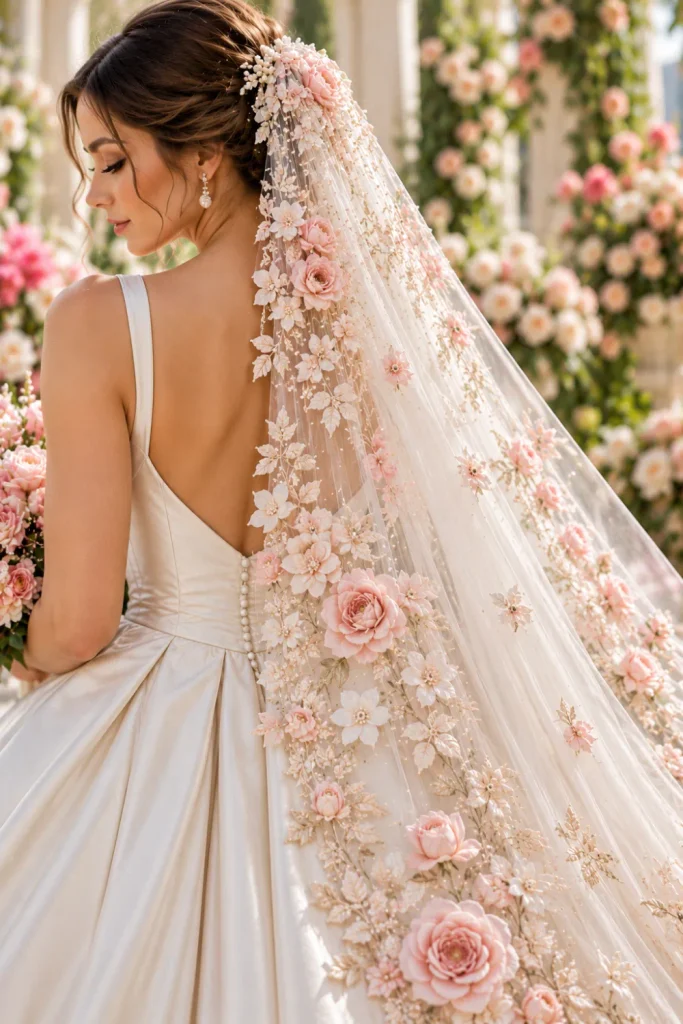 Dreamy blush and ivory floral bridal veil featuring pale pink embroidered blossoms, delicate ivory tulle, and romantic flower details paired with an elegant satin wedding dress.