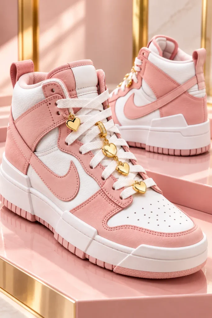 Blush pink and white Nike Dunk High Disrupt sneakers with delicate gold heart lace charms, chunky soles, pale pink leather overlays, and a feminine contemporary design.