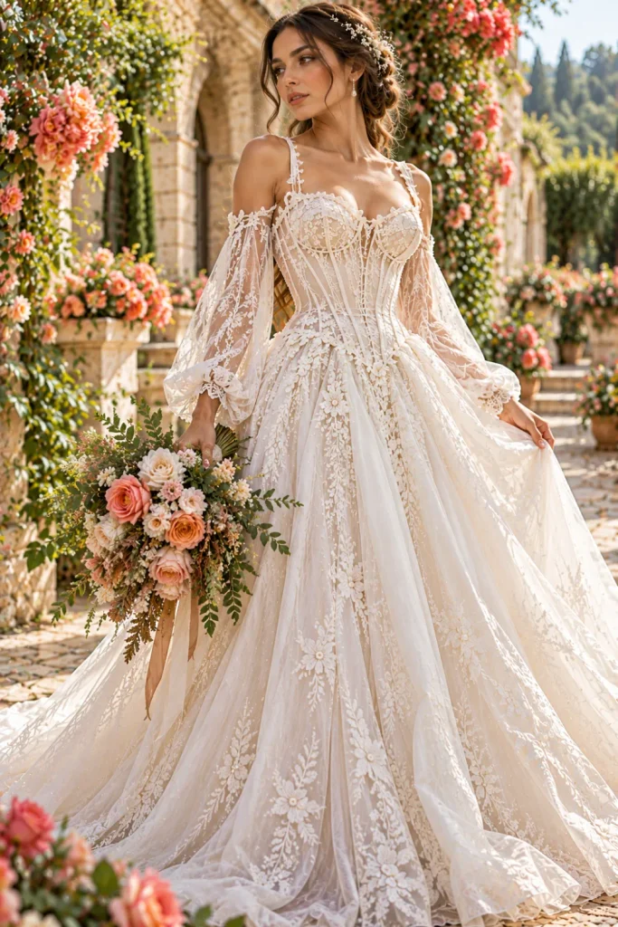 Boho-vintage ivory corset wedding dress with delicate floral lace, a fitted structured bodice, a flowing lightweight skirt, and romantic outdoor bridal styling.