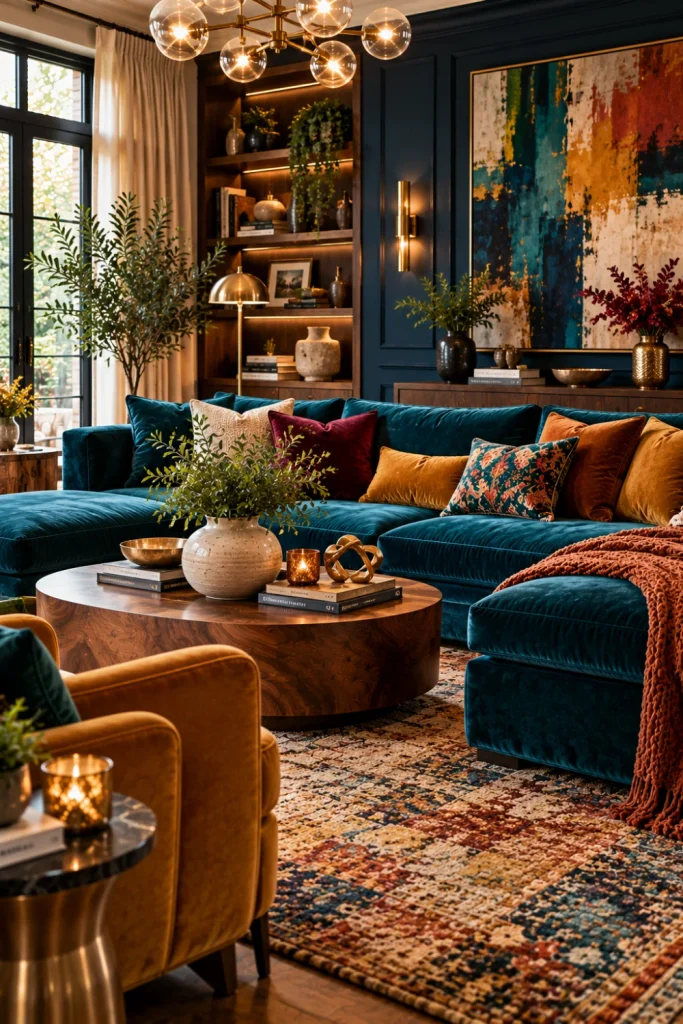 Bold colorful modern living room with a jewel-toned velvet sofa, contrasting accent cushions, contemporary abstract art, a layered patterned rug, sculptural furniture, and warm decorative lighting.