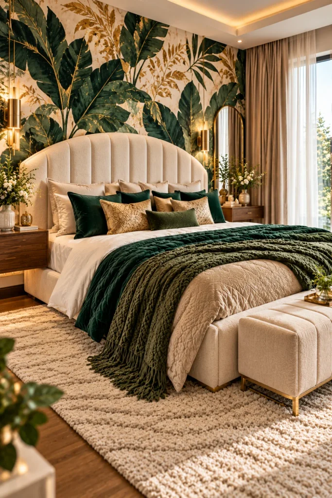 Bold wallpaper bedroom ideas featuring dramatic botanical wallpaper, luxurious cream bedding, an elegant upholstered headboard, warm brass lighting, modern bedside cabinets, and sophisticated luxury decor.