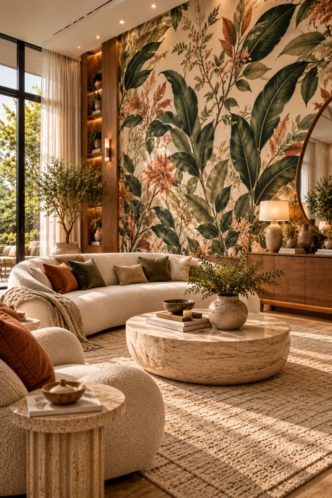 Elegant modern living room with a luxurious botanical wallpaper accent wall featuring oversized green leaves, cream boucle furniture, natural oak cabinetry, warm brass lighting, and sophisticated organic decor.