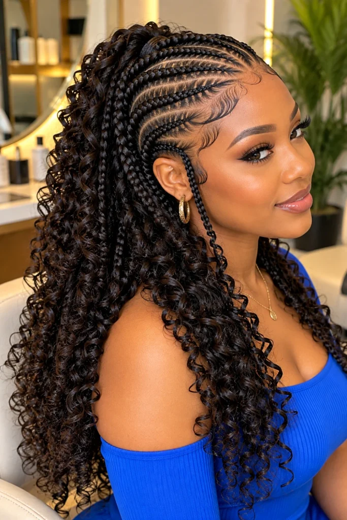 Modern natural-hair cornrows with medium and fine scalp braids ending in soft defined curls, photographed closely to show natural texture, polished parting, healthy shine, and contemporary protective styling.