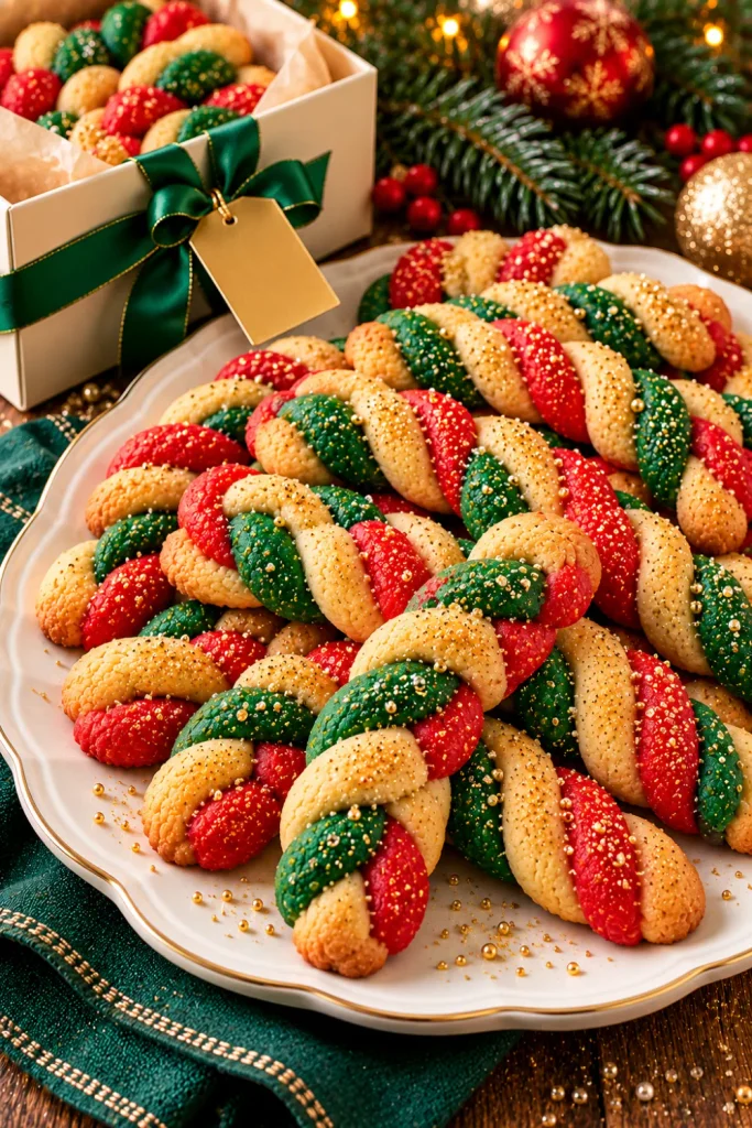 Braided red and green shortbread Christmas twist cookies decorated with gold sanding sugar, arranged on an ivory serving platter beside an elegant holiday gift box and forest-green ribbon.