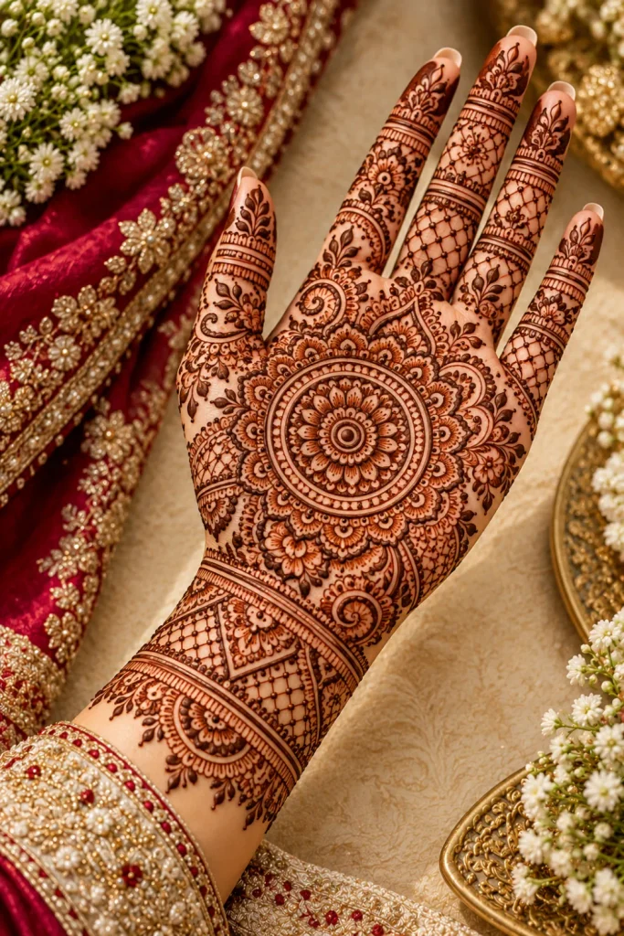 Bridal mandala full-hand mehndi design with intricate jaali latticework, symmetrical floral rings, paisleys, ornate wrist details, and elaborately decorated fingers.