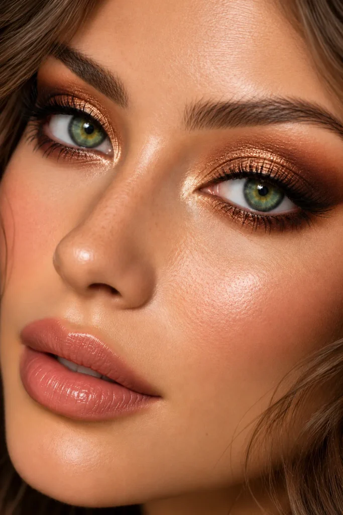 Natural brown and bronze eye makeup for green eyes with chocolate-brown crease shadow, caramel blending, bronze lid shimmer, and softly smudged eyeliner for everyday soft glam.
