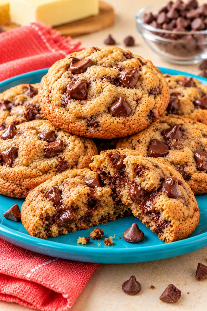 Brown butter chocolate chip cookies with golden edges, gooey chocolate chips, and soft chewy centers, an easy homemade cookie recipe with rich nutty flavor.
