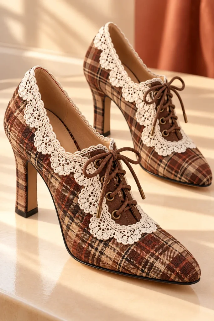 Brown vintage plaid lace-up high heels with ivory scalloped lace edging, caramel and chocolate checks, and elegant retro-inspired details.