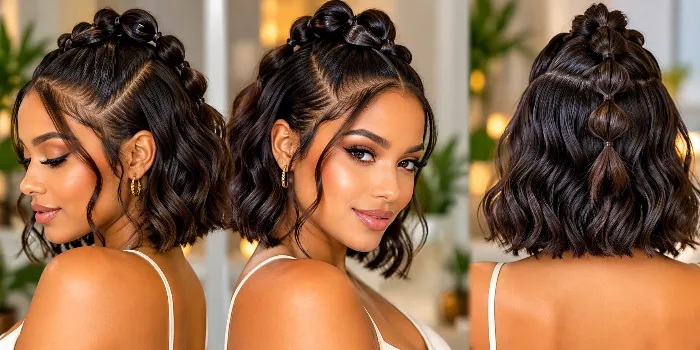 Chic half-up bubble braids hairstyle on a glossy wavy bob with elegant face-framing tendrils.