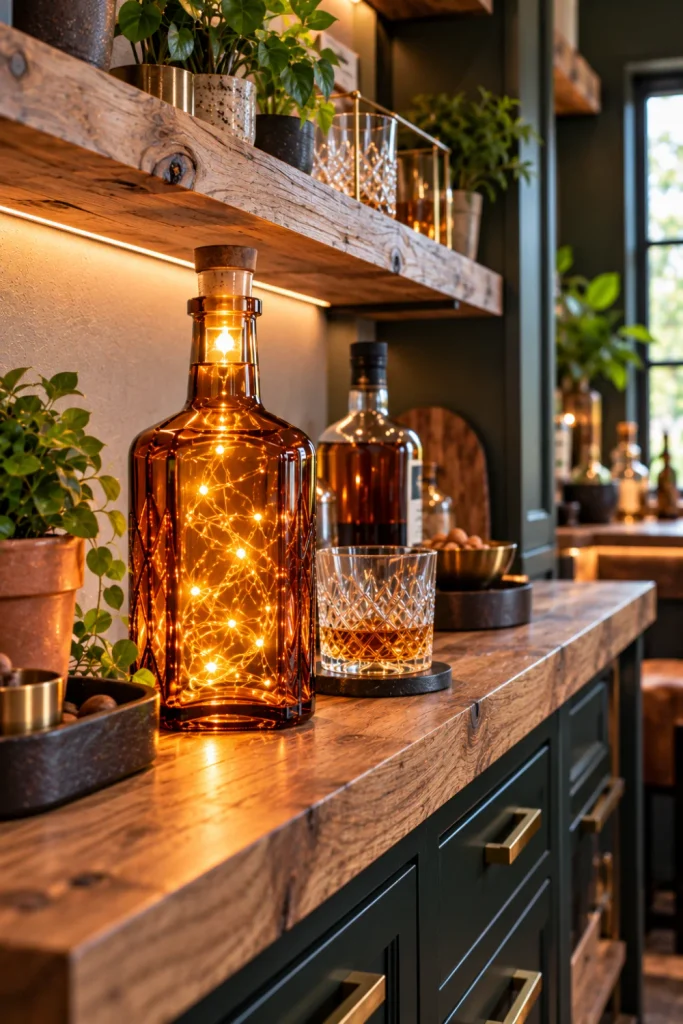 Budget-friendly DIY whiskey bottle lights featuring a recycled amber bottle with an affordable LED cork light on a simple rustic home bar shelf.