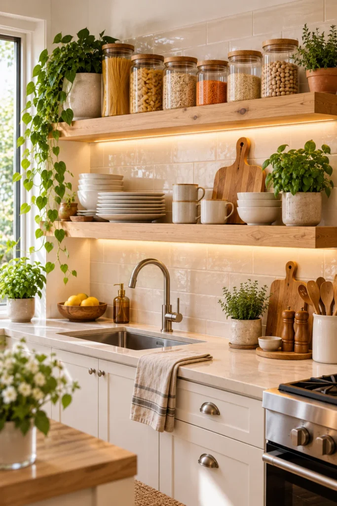 Budget-friendly floating kitchen shelf ideas with affordable natural wood shelves, organized glass jars, white ceramic dishes, and stylish modern kitchen storage.