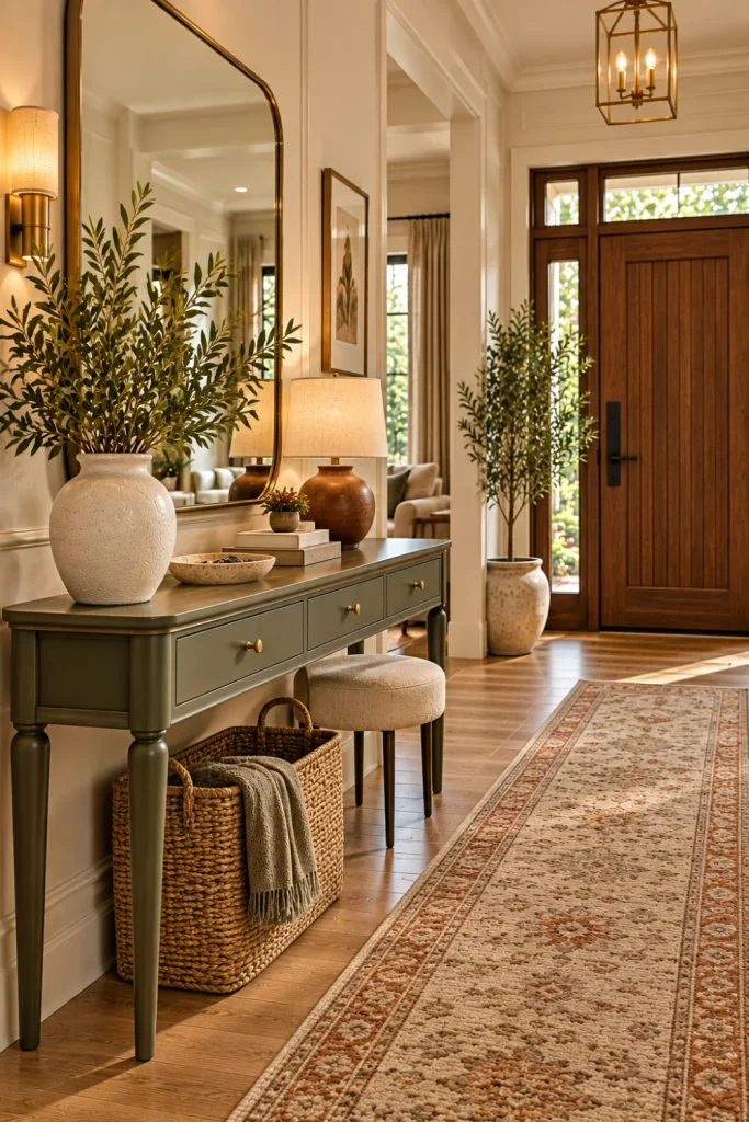 Budget-friendly modern entryway ideas featuring a refreshed painted console table, an affordable oversized mirror, secondhand ceramic decor, stylish runner, updated cabinet hardware, and elegant neutral foyer styling.