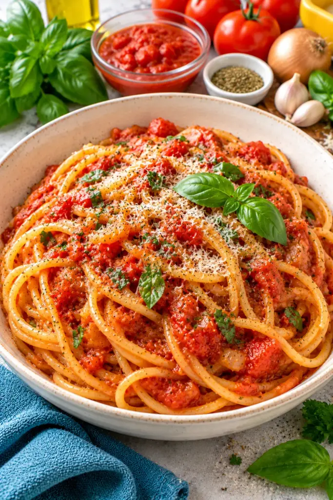 Budget-friendly pantry tomato sauce with spaghetti, canned tomatoes, garlic, onions, Italian herbs, and fresh basil in a white bowl, an easy homemade tomato pasta sauce recipe for affordable weeknight dinners.